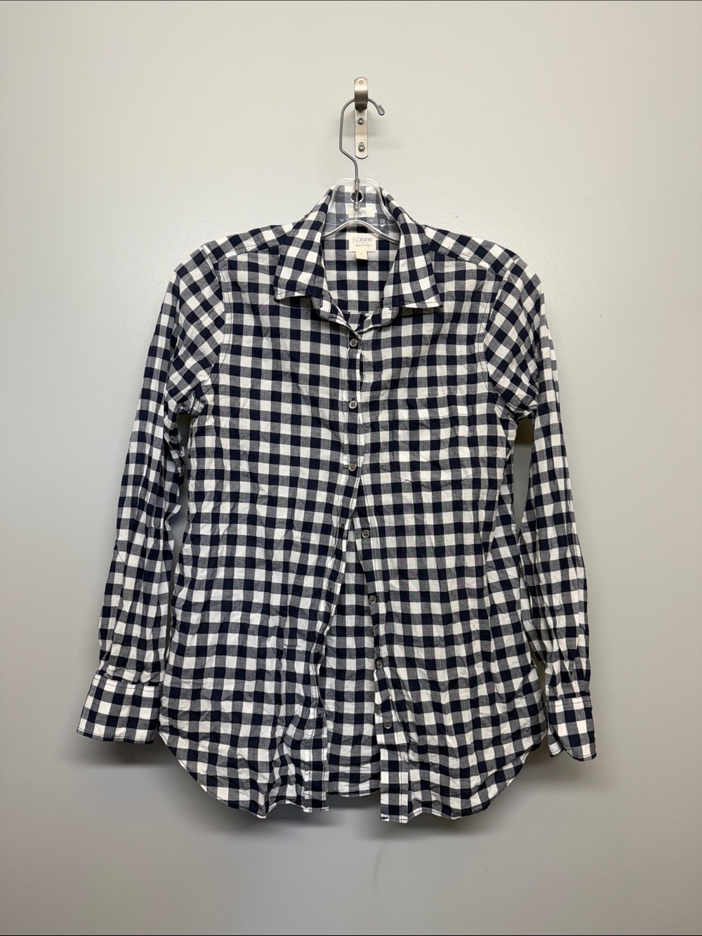 J. Crew Navy and White Gingham Button Down Long Sleeve Boy Fit Cotton Shirt